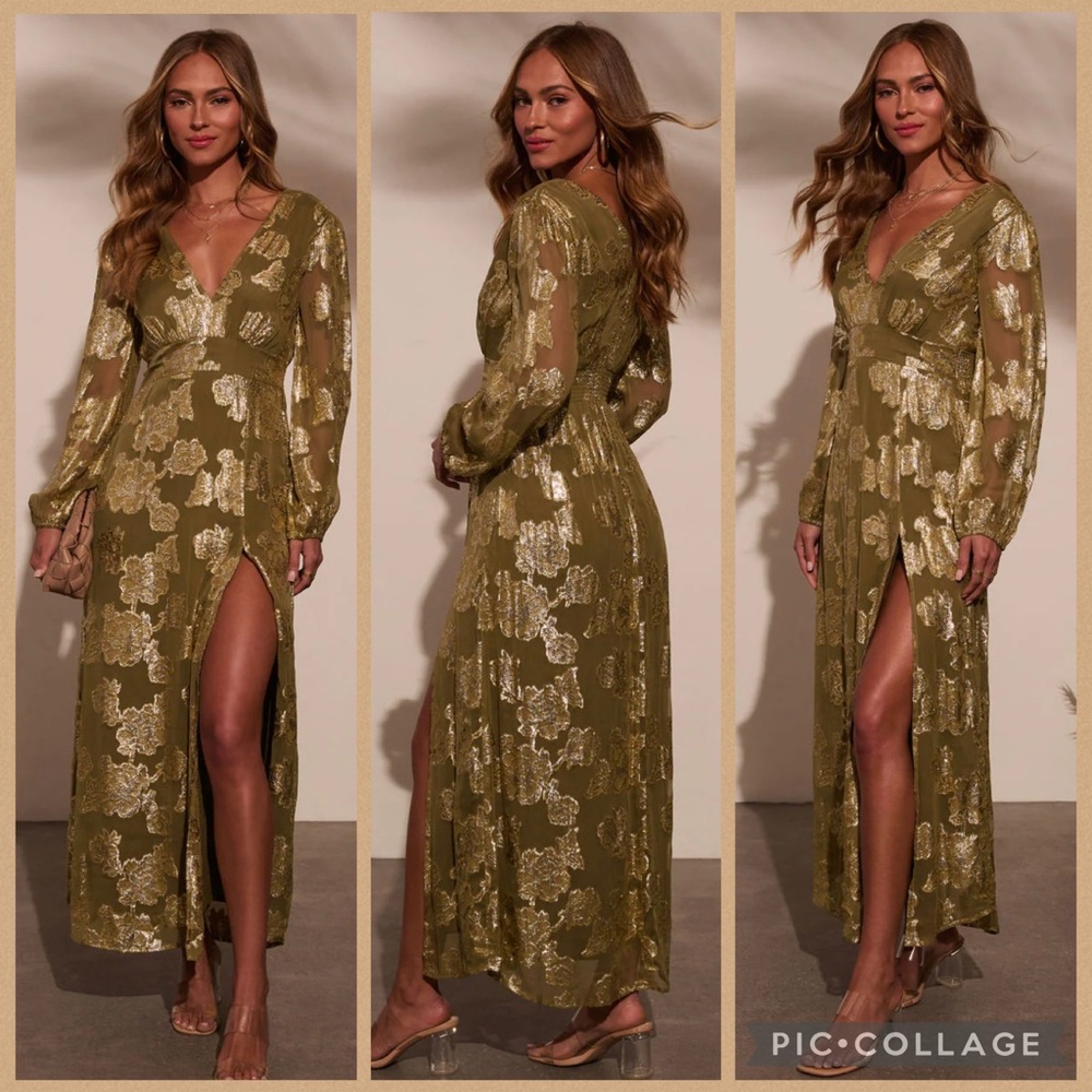 Elegant Olive Green Floral Maxi Dress